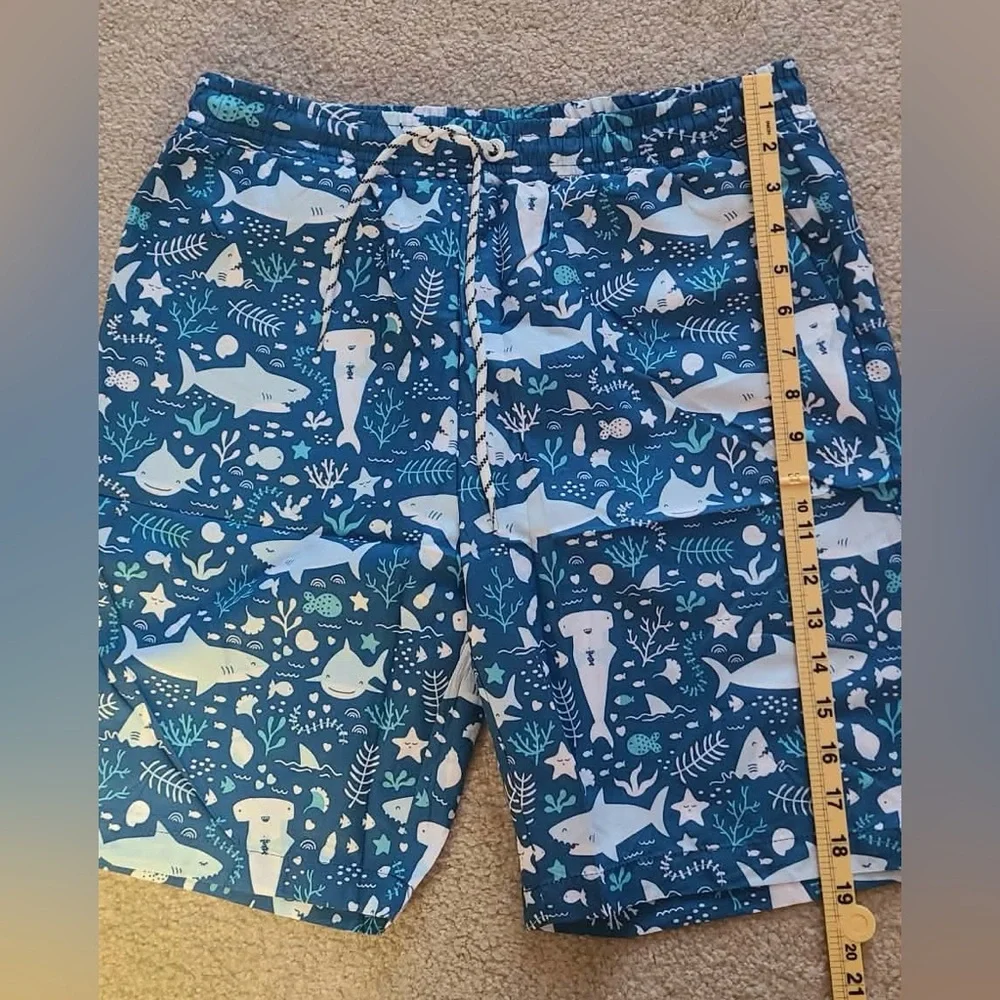 Blue Shark Print Men's Swim Trunks